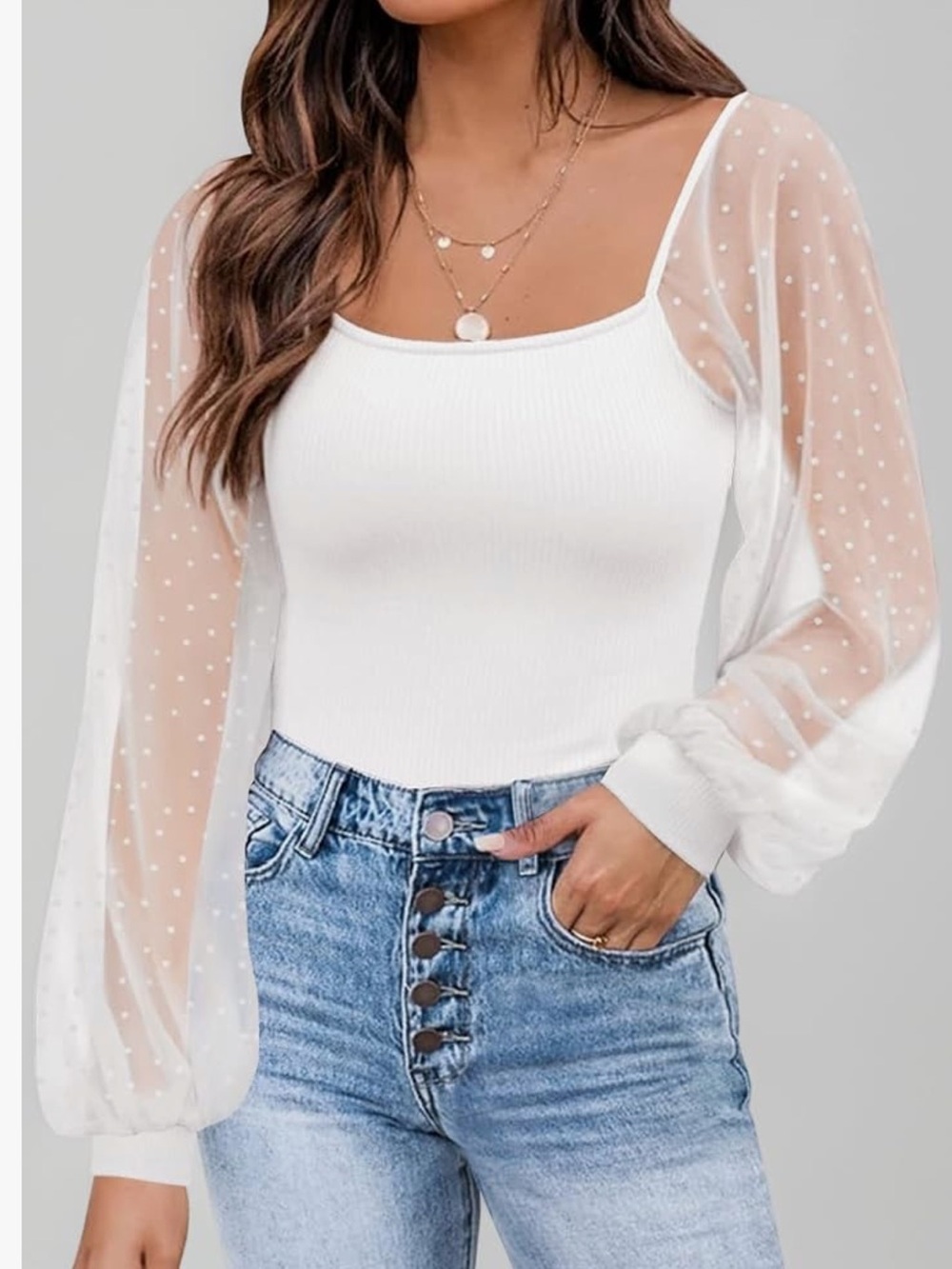 NWT DOROSE White Top Mesh Swiss Dot Long Sleeves Medium